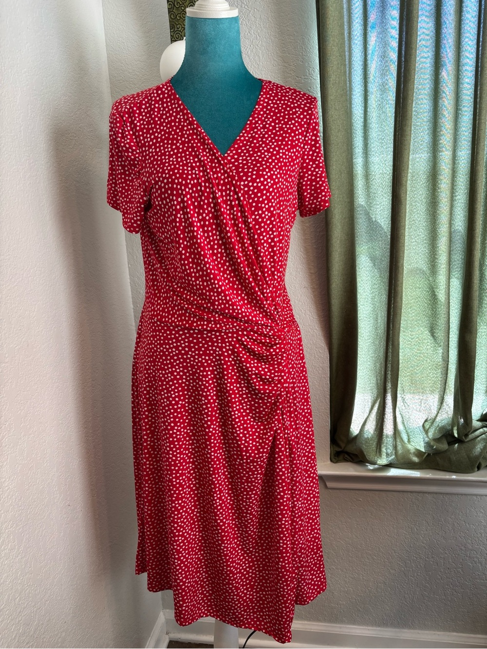 KEREN hart Red Polka Dot Faux-Wrap Midi Dress